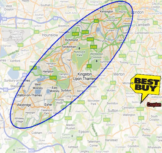 Map of southwest London showing Best Buy